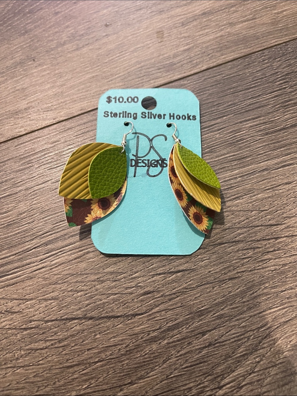 Green Sunflower Layered Leather Earrings - Sterling Silver Hooks